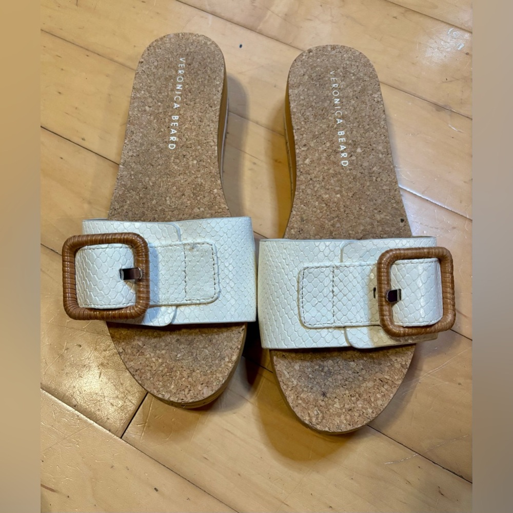 Veronica Beard Cream Slide Sandals with Tan Buckles